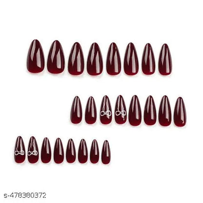 24pcs Maroon Almond Press-On Nails with Bow Rhinestone Accents – Elegant Valentine’s Nail Design