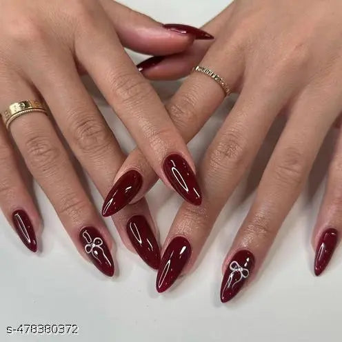 24pcs Maroon Almond Press-On Nails with Bow Rhinestone Accents – Elegant Valentine’s Nail Design